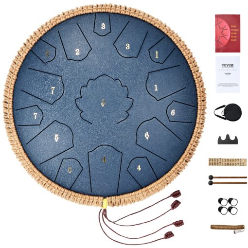 VEVOR 14 in 356 cm 15 Note Handcrafted Steel Tongue Drum in D Major Navy Blue for Outdoor Mind Healing