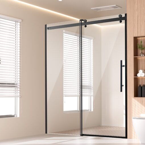 VEVOR Frameless Sliding Shower Door 147 150 cm x 190 cm Tempered Glass 8 mm Matte Black with Nano Coating and Reversible Installation