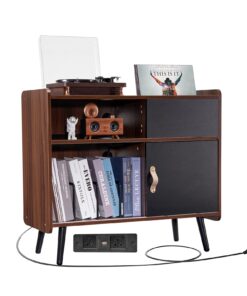 VEVOR Wooden Record Player Stand with Sliding Door and Power Strip
