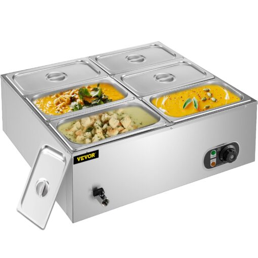 VEVOR Commercial Countertop Food Warmer 850W with 6 Stainless Steel Pans