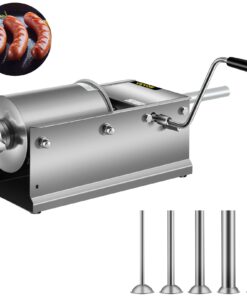3L (7 lbs) Horizontal Manual Sausage Stuffer Machine with Dual-Speed Control and 5 Filling Tubes - 304 Stainless Steel