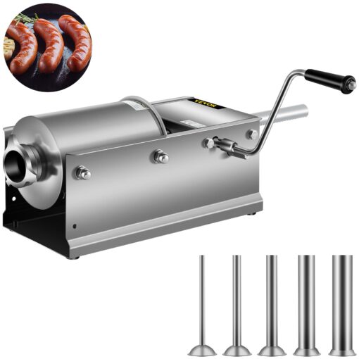 3L 7 lbs Horizontal Manual Sausage Stuffer Machine with Dual Speed Control and 5 Filling Tubes 304 Stainless Steel