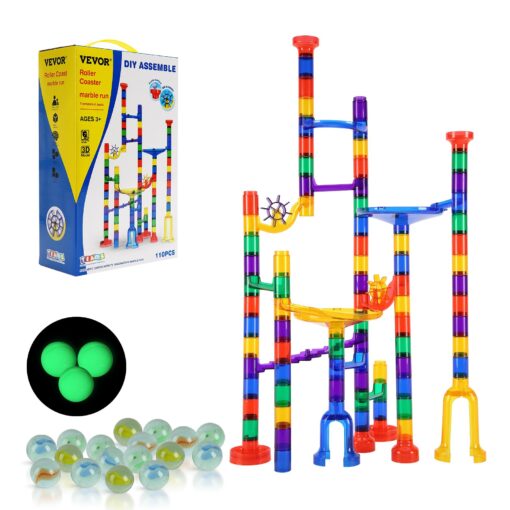 VEVOR 110 Piece Marble Run STEM Toy Set with Glow in the Dark Marbles for Kids