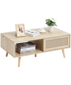 VEVOR Mid Century Modern Rattan Coffee Table with Sliding Door Cabinet