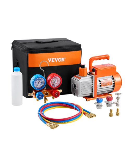 VEVOR 35 CFM 99 Lmin HVAC Single Stage Rotary Vane Vacuum Pump Manifold Gauge Kit for Refrigerant Compatibility