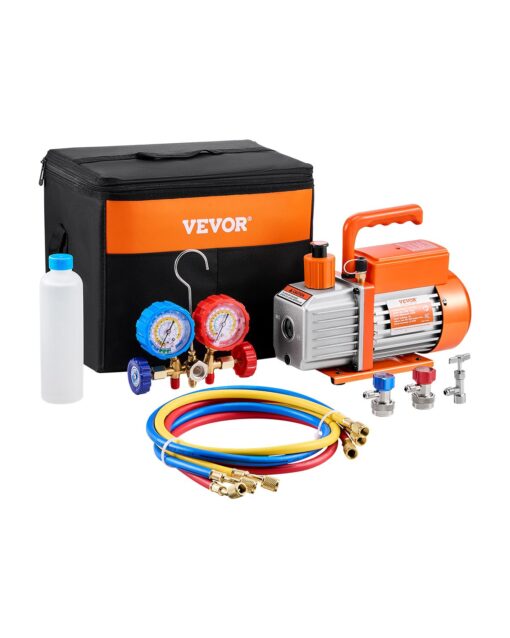 VEVOR 35 CFM 991 Lmin HVAC Single Stage Rotary Vane Vacuum Pump and Manifold Gauge Kit