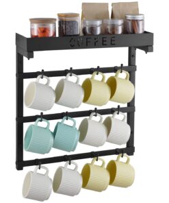 Wall-Mounted Coffee Mug Holder with 12 Movable Hooks & Top Shelf – Space-Saving Steel Cup Rack