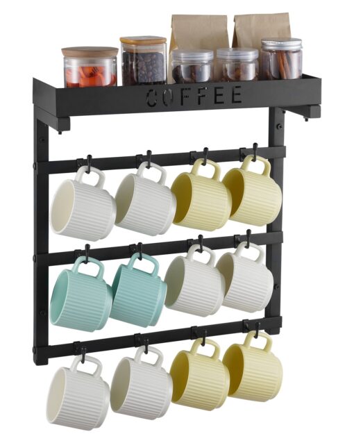 Wall Mounted Coffee Mug Holder with 12 Movable Hooks Top Shelf Space Saving Steel Cup Rack