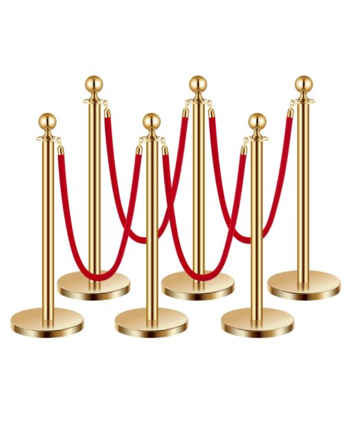 VEVOR 6 Piece Gold Stanchion Post Set with 4 Red Velvet Ropes