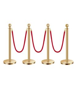 VEVOR 4 Pcs Gold Stanchion Post with 3 Red Velvet Ropes