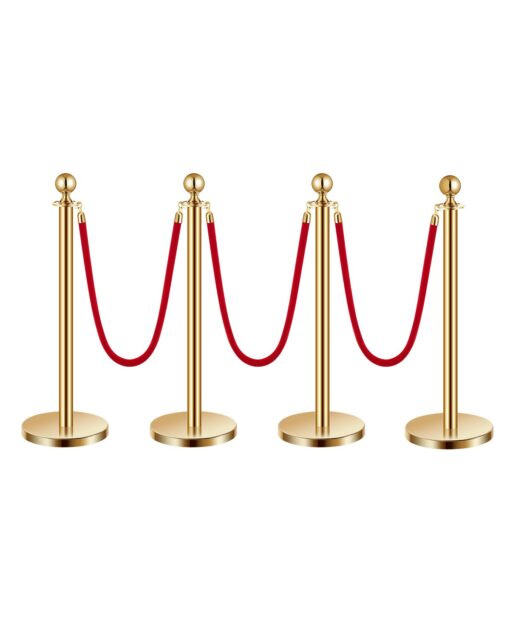 VEVOR 4 Pcs Gold Stanchion Post with 3 Red Velvet Ropes