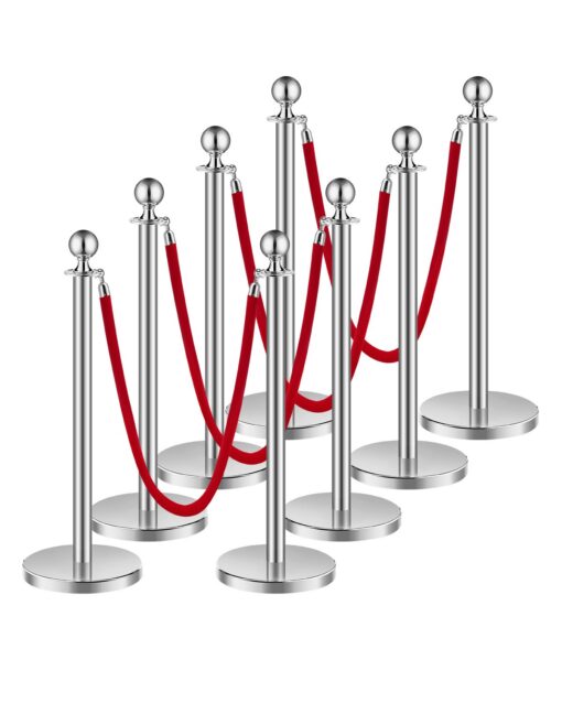 VEVOR 8 Piece Stainless Steel Stanchion Set with 4 Red Velvet Ropes