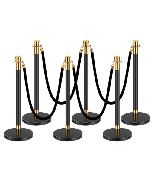 VEVOR 6 Piece Stainless Steel Stanchion Set with 4 Black Velvet Ropes Fillable Bases for Crowd Control