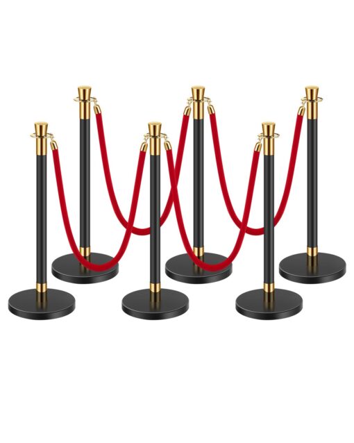 VEVOR 6 Piece Stainless Steel Stanchion Set with 4 Red Velvet Ropes Fillable Base for Crowd Control