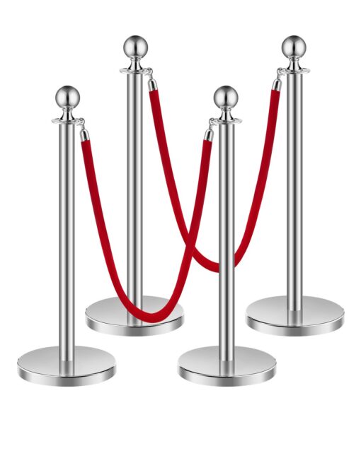 VEVOR 4 Pcs Silver Stanchion Posts with 2 Red Velvet Ropes