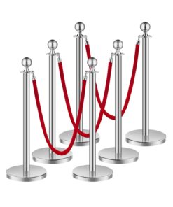 VEVOR 6-Piece Silver Stanchion Post Set with 3 Red Velvet Ropes