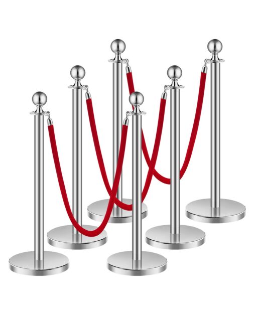 VEVOR 6 Piece Silver Stanchion Post Set with 3 Red Velvet Ropes