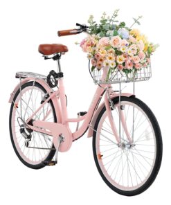 VEVOR 26-Inch 7-Speed Cruiser Bike – Pink Beach Bicycle with Basket & Rear Rack