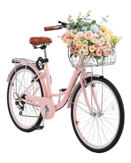 VEVOR 26 Inch 7 Speed Cruiser Bike Pink Beach Bicycle with Basket Rear Rack