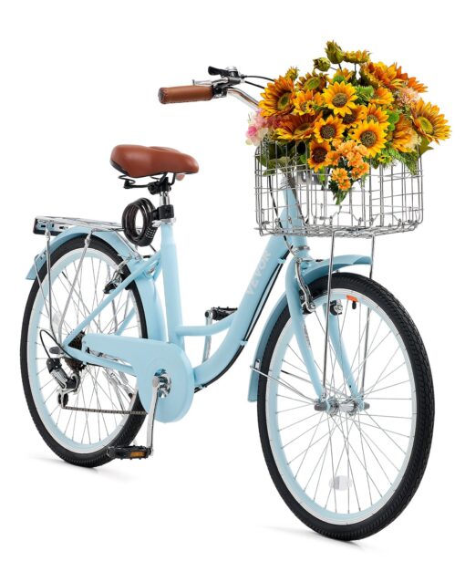VEVOR 61 cm Cruiser Bike 7 Speed Light Blue with Basket Comfortable Stylish Beach Bicycle
