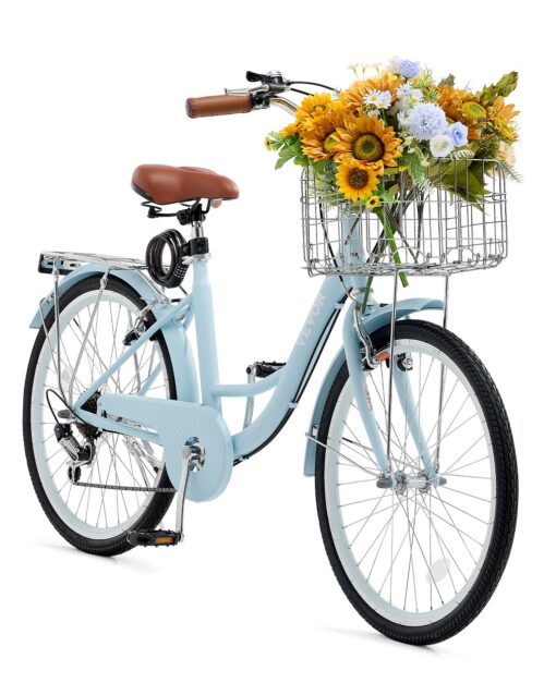 VEVOR 26 Inch 7 Speed Cruiser Bike Light Blue Beach Bicycle with Basket Rear Rack