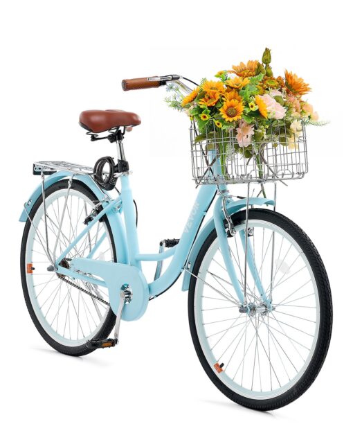 VEVOR 66 cm Cruiser Bike 1 Speed Light Blue with Basket Comfortable Stylish for City Beach Rides