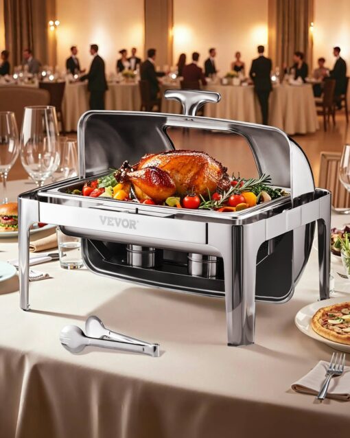 VEVOR 85L Rectangle Roll Top Chafing Dish Set with 2 Half Size Pans