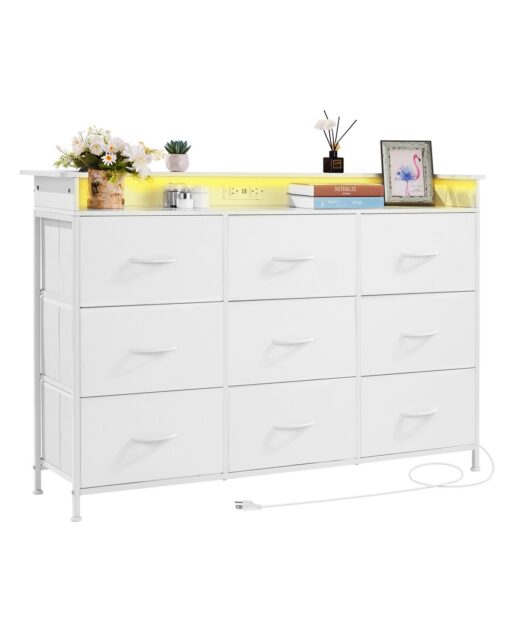 VEVOR 9 Drawer Fabric Dresser with LED Lights Power Outlet