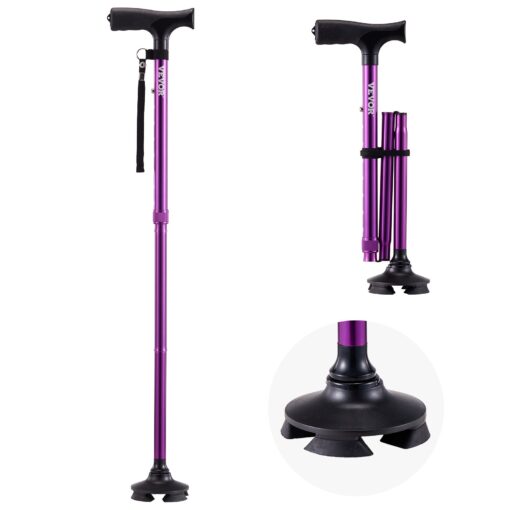 VEVOR Foldable Walking Cane with 8 Level Height Adjustment 4 Pronged Pivoting Base