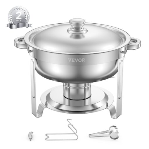VEVOR 47L 2 Pack Round Stainless Steel Chafing Dish Set Buffet Food Warmer with Lids Serving Tongs