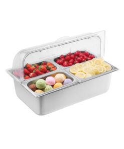 VEVOR Stainless Steel Buffet Condiment Dispenser with 4 Removable Pans & Clear Lid – Hot/Cold Food Display Tray
