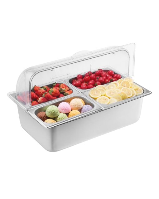 VEVOR Stainless Steel Buffet Condiment Dispenser with 4 Removable Pans Clear Lid HotCold Food Display Tray