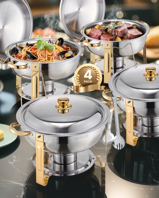 VEVOR 4 Pack 47L Round Stainless Steel Chafing Dish Set with Gold Finish Buffet Food Warmer for Events Parties