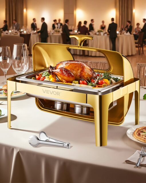 VEVOR 85L Gold Stainless Steel Roll Top Chafing Dish Set with Full Size Pan Buffet Food Warmer for Events Catering