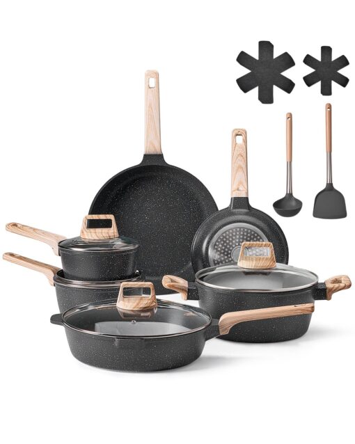 VEVOR 17 Piece Granite Non Stick Cookware Set with Lids Silicone Utensils