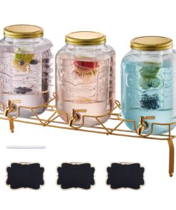 VEVOR 24L Glass Drink Dispenser Set with Stand & No-Drip Spigots – 3 x 8L Beverage Containers for Parties & Events
