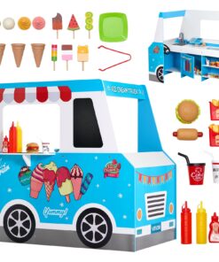 VEVOR Wooden Ice Cream Truck Playset with 25 Accessories – Pretend Play Stand for Kids Aged 3–7