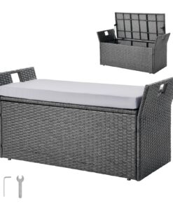 VEVOR 150L Outdoor Storage Bench with Cushion – PE Rattan Deck Box