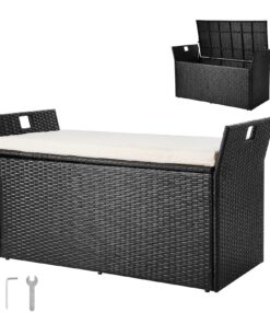 VEVOR 90 Gal PE Rattan Outdoor Storage Bench with Cushion