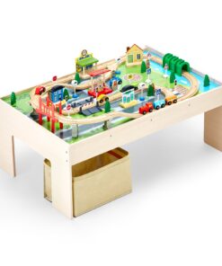 VEVOR Wooden Kids Activity Train Table with 84-Piece Play Set & Foldable Storage Bin