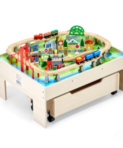 VEVOR Wooden Kids Train Activity Table with 100-Piece Play Set & Rolling Storage Drawer