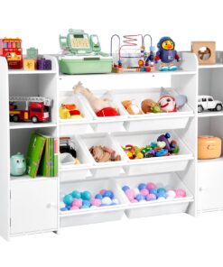 VEVOR 4-Tier Kids Toy Storage Organizer with 8 Plastic Bins & Bookshelf – White