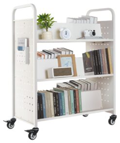 VEVOR 3-Tier Double-Sided Rolling Book Cart with W-Shaped Shelves