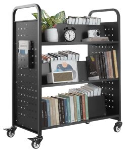 VEVOR 3-Tier Double-Sided Rolling Book Cart with W-Shaped Shelves