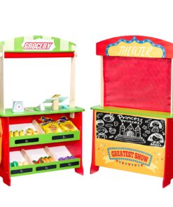 VEVOR 2-in-1 Wooden Kids Play Set – Reversible Puppet Theater & Grocery Market Stand with 35 Accessories
