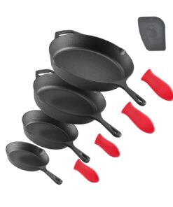 VEVOR 4-Piece Cast Iron Skillet Set – 155–305 mm Frying Pans with Silicone Handles for All Cooktops