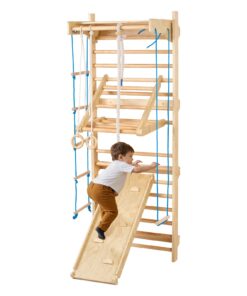 VEVOR 8-in-1 Wooden Swedish Wall Ladder Indoor Gym Playground with Slide