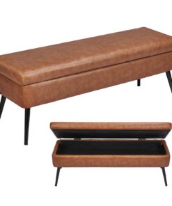 VEVOR Brown PU Leather Storage Ottoman Bench with Hidden Compartment & Metal Legs