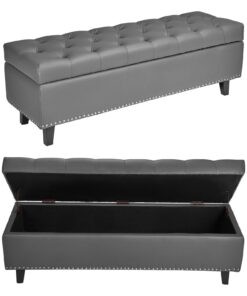 VEVOR Gray PU Leather Storage Ottoman Bench with Wood Legs