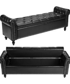 VEVOR Black PU Leather Storage Ottoman Bench with Rolled Arms